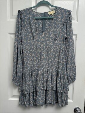 Rebellion Dusty Blue Floral Tiered Long-Sleeve Dress